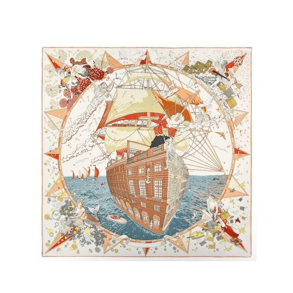 Carolina Lemke Accessories - Colorful Nautical Ship Print Mulberry Silk Scarf by Carolina Lemke in box